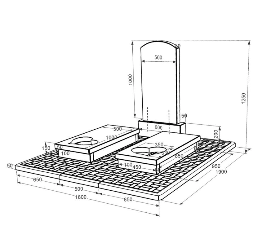 Розміри Надгробний пам'ятник із граніту Коростишів подвійний з серцем різьблена робота із чорного граніту Коростишів Дуга 009 к20-kor-pf-100-50-08-009-pbd2