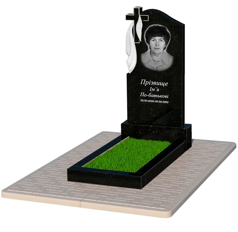 Основне Гранітний пам'ятник з хрестом різьблена робота одинарний із чорного граніту Коростишів з плащаницею різьблений к2-kor-pf-100-50-08-142-pbd2