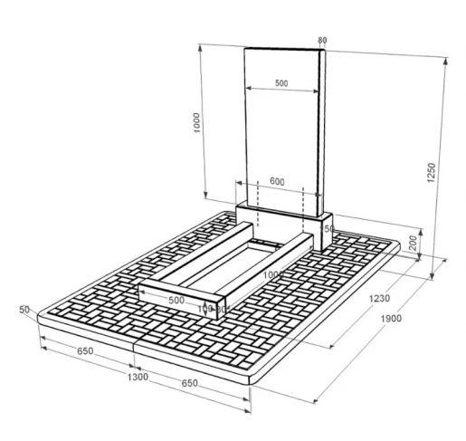 Размеры Гранитный памятник с цветником без плиты одинарный из черного гранита Коростышев без резных работ к1-kor-npf-100-50-08-001-pbd2
