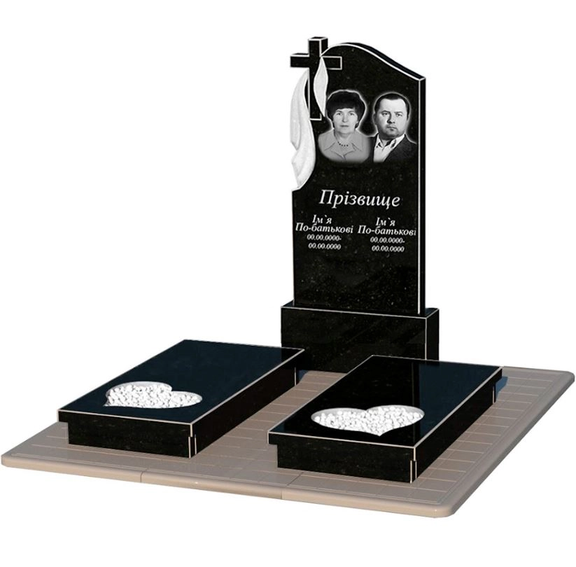 Основне Гранітний пам'ятник фігурної форми подвійний із чорного граніту Коростишів з серцем різьблена робота к20-kor-npf-120-60-08-142-pbd3