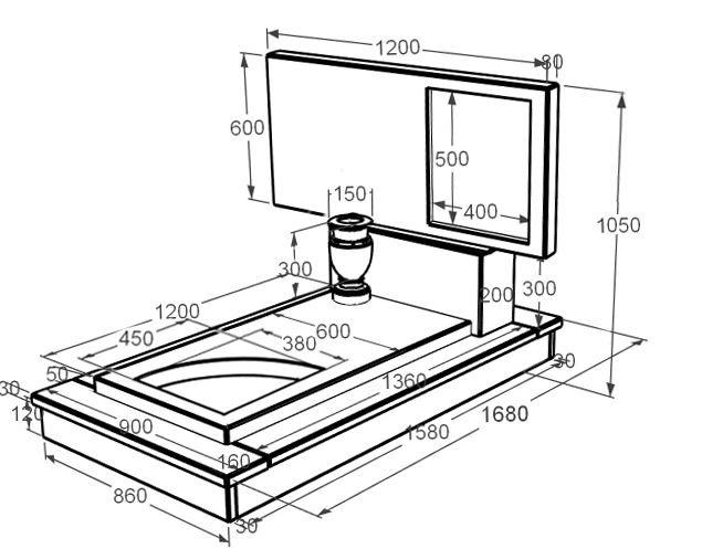 Розміри Мармуровий пам'ятник горизонтальний одинарний з білого мармуру Волокас з вирізаним куточком к9-vol-pf-60-120-08-001-ck