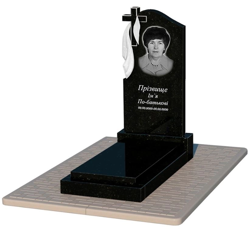 Основное Гранитный памятник с крестом резной одинарный из черного гранита Коростышев с плащаницей резной к12-kor-pf-100-50-08-142-pbd2