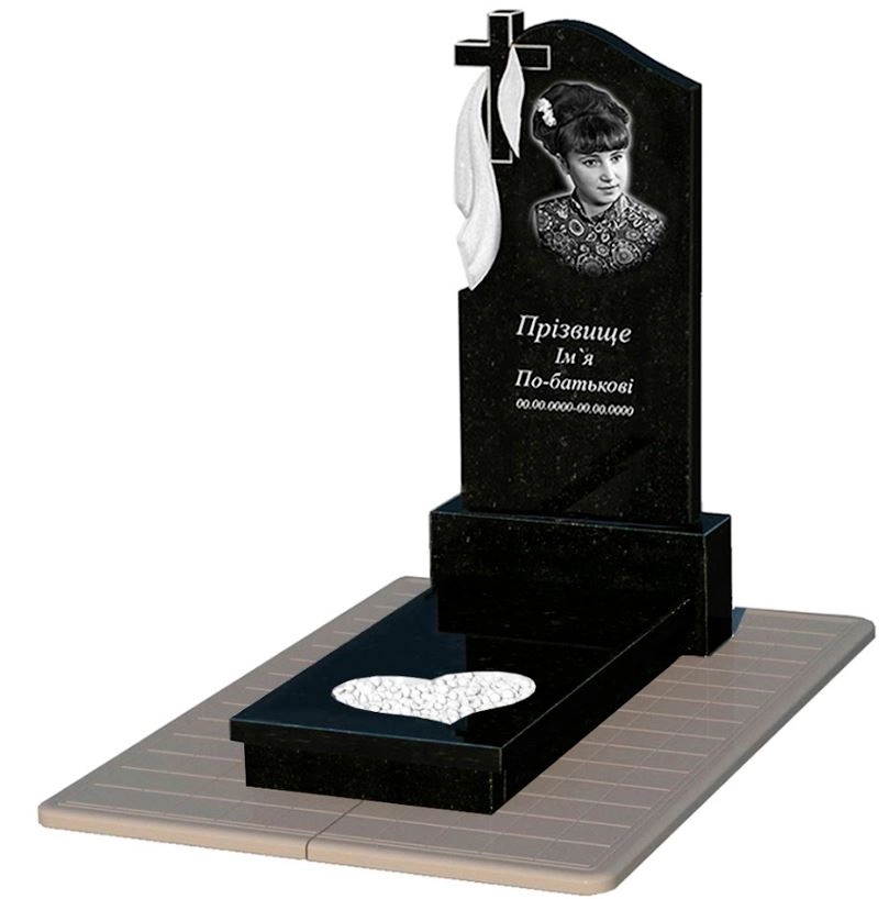 Основне Гранітний пам'ятник з серцем різьблена робота одинарний із чорного граніту Коростишів к11-kor-pf-120-60-08-142-pbd3