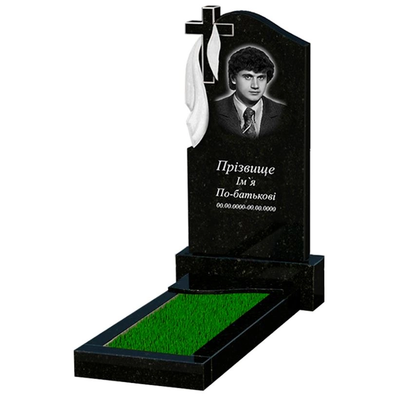 Основное Гранитный памятник с вертикальным уровнем установки стелы одинарный из черного гранита Коростышев с волной резной к4-kor-pf-100-50-08-142