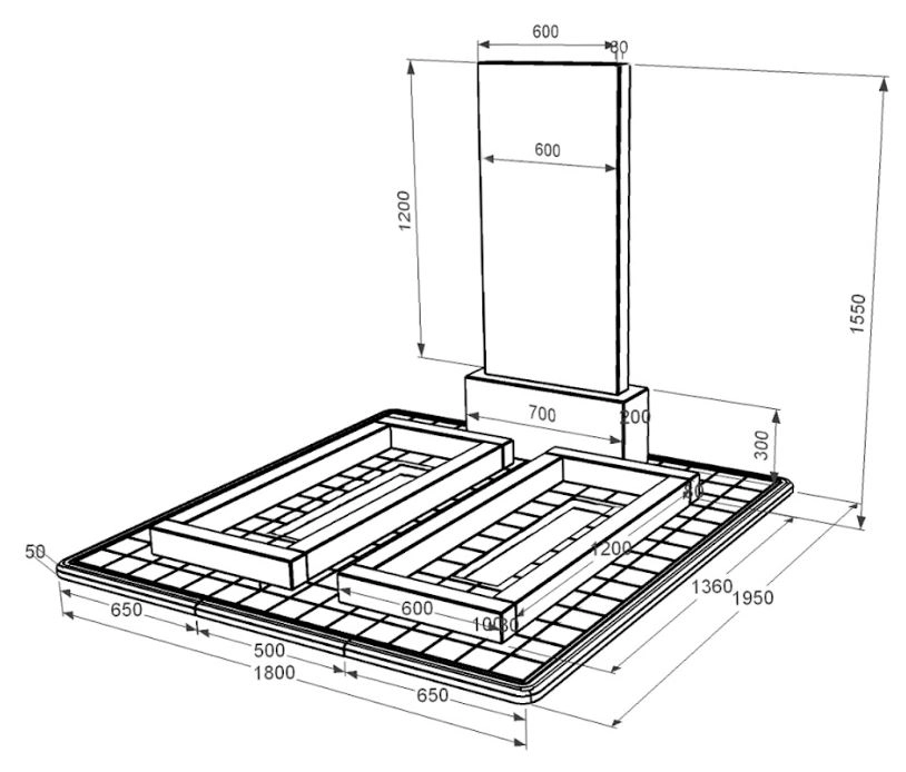 Розміри Гранітний пам'ятник простий без різьблених робіт подвійний із чорного граніту Коростишів к14-kor-pf-120-60-08-001-pbd3