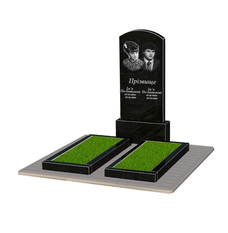 Основное Гранитный памятник неполированные фаски двойной с дугой резной из черного гранита Коростышев Дуга 009 к14-kor-npf-120-60-08-009-pbd3