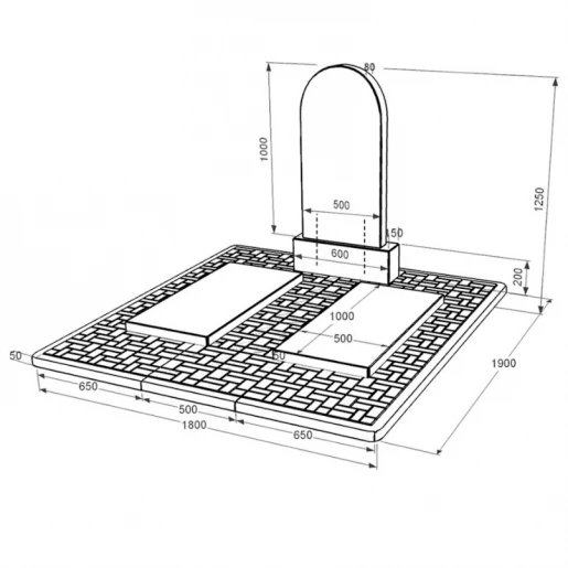 Розміри Гранітний пам'ятник з надгробною плитою подвійний із чорного граніту Коростишів з полукруглою стелою к17-kor-pf-100-50-08-006-pbd2