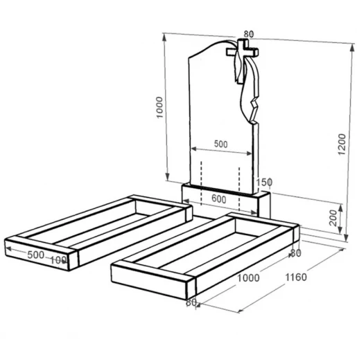 Розміри Гранітна плита на могилу сімейний подвійний із чорного граніту Коростишів з хрестом та плащаницею різьблений к14-kor-pf-100-50-08-142-r