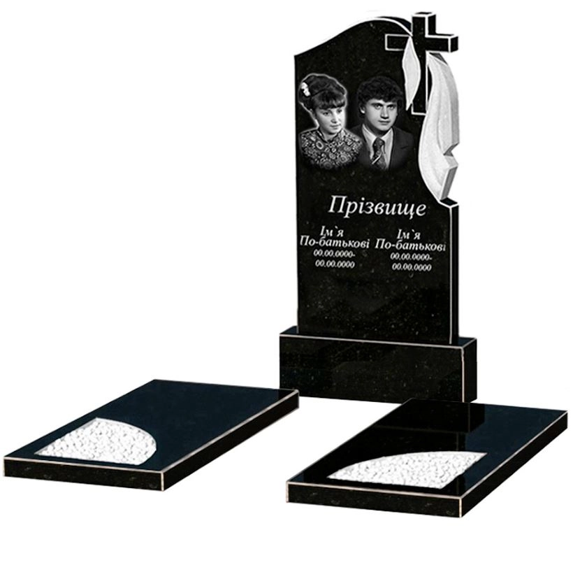 Основне Гранітний пам'ятник неполіровані фаски подвійний із чорного граніту Коростишів з вирізаним куточком к18-kor-npf-100-50-08-142-r