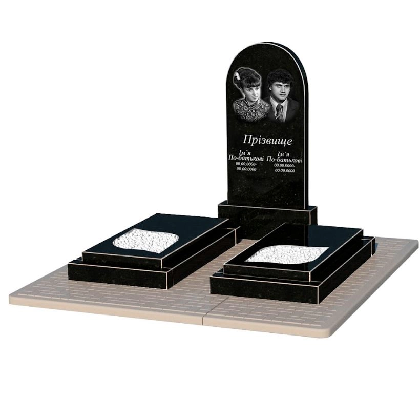 Основне Надгробок із граніту із неполірованими фасками подвійний із чорного граніту Коростишів з листом різьблена робота к22-kor-npf-100-50-08-006-pbd2