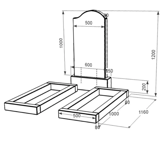 Розміри Гранітний кам'яний надгробок з квітником без плити подвійний із чорного граніту Коростишів з хвилею різьблений к14-kor-npf-100-50-08-011-r