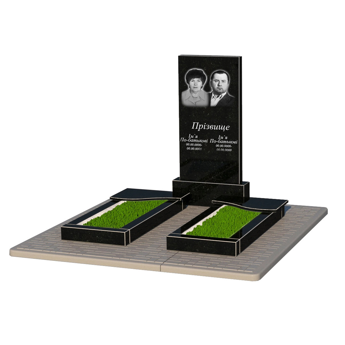 Основне Надгробок із граніту стела 100х50 см подвійний із чорного граніту Коростишів з хвилею різьблений к15-kor-npf-100-50-08-001-pbd2