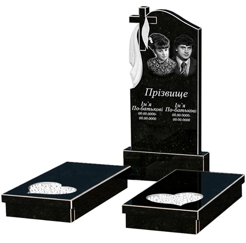 Основное Гранитный памятник на двоих из черного гранита Коростышев с сердцем резная работа к20-kor-npf-100-50-08-142