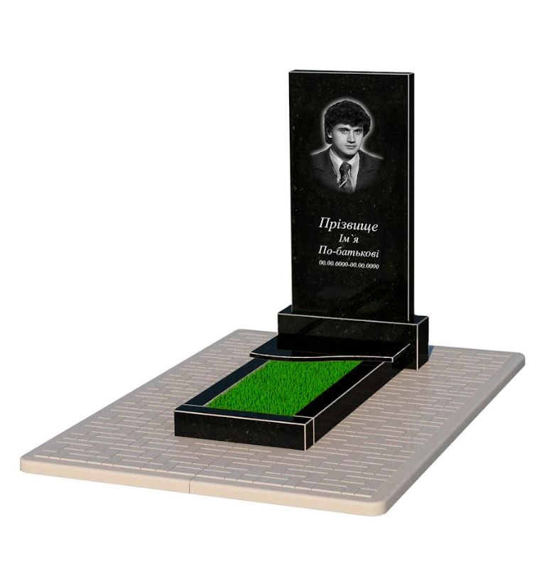 Основне Надгробок із граніту середнього розміру одинарний із чорного граніту Коростишів з хвилею різьблений к3-kor-npf-100-50-08-001-pbd2