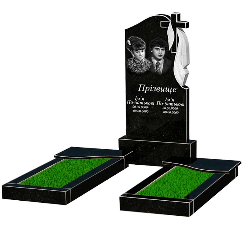 Основне Подвійний надгробний пам'ятник із граніту із чорного граніту Коростишів з хвилею різьблений к15-kor-npf-100-50-08-142-r