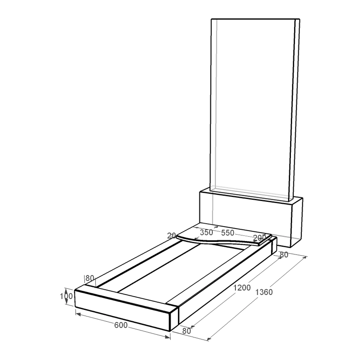 Размеры Цветник на могилу большой 1360x600x100 из гранита серия Базис с неполированными фасками Коростышевского карьера cv-kor-npf-1360-600-4-volna-1-st