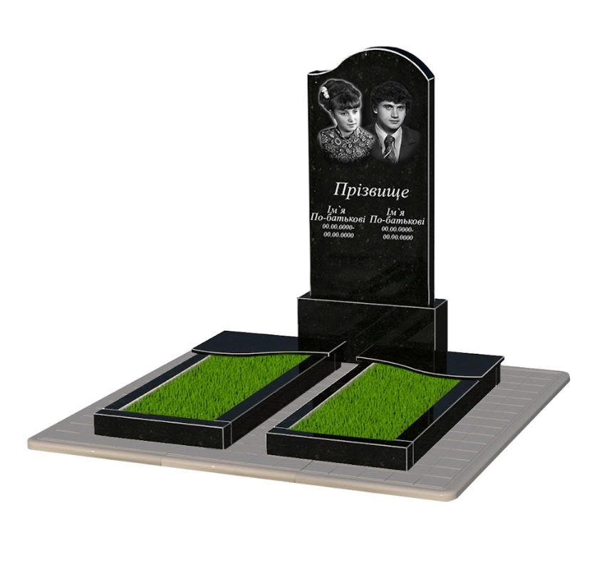 Основне Гранітний пам'ятник для родини подвійний із чорного граніту Коростишів з хвилею різьблений к15-kor-npf-120-60-08-011-r-pbd3