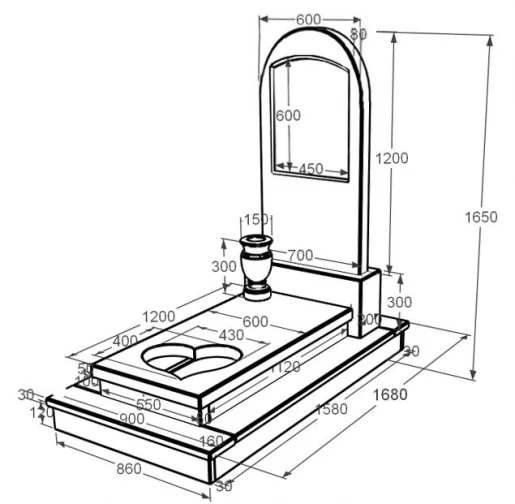 Размеры Мраморный памятник высокий одинарный из белого мрамора Волокас с сердцем резная работа с полукруглой стелой к11-vol-pf-120-60-08-006-ck