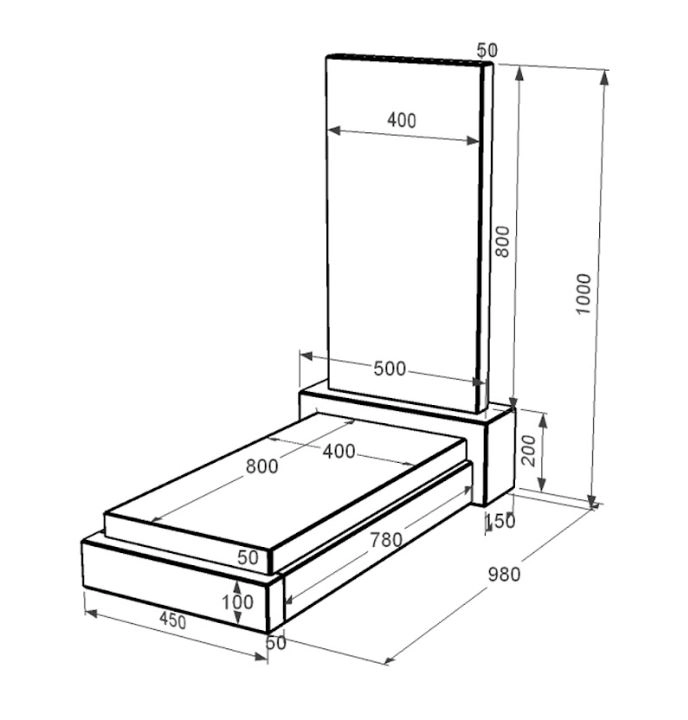Розміри Граніт надгробок жіночий одинарний із чорного граніту Коростишів без різьблених робіт к12-kor-pf-80-40-05-001