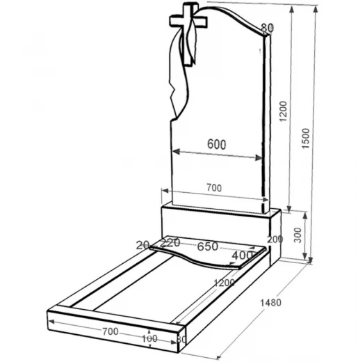 Розміри Гранітний пам'ятник з полірованими фасками одинарний із чорного граніту Коростишів з хвилею різьблений к5-kor-pf-120-60-08-142