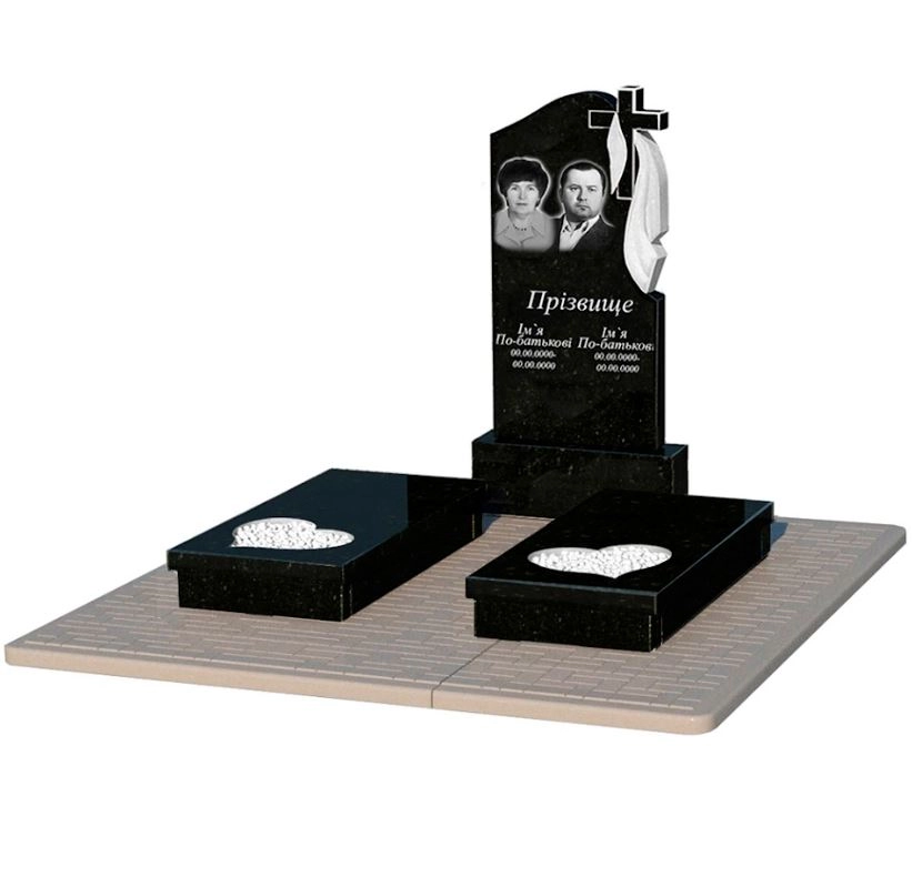 Основне Надгробний пам'ятник із граніту з серцем різьблена робота подвійний із чорного граніту Коростишів к20-kor-pf-100-50-08-142-r-pbd2