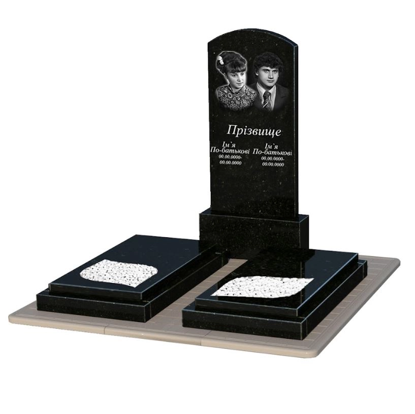 Основне Гранітний пам'ятник з полірованими фасками подвійний з листом різьблена робота із чорного граніту Коростишів Дуга 009 к22-kor-pf-120-60-08-009-pbd3