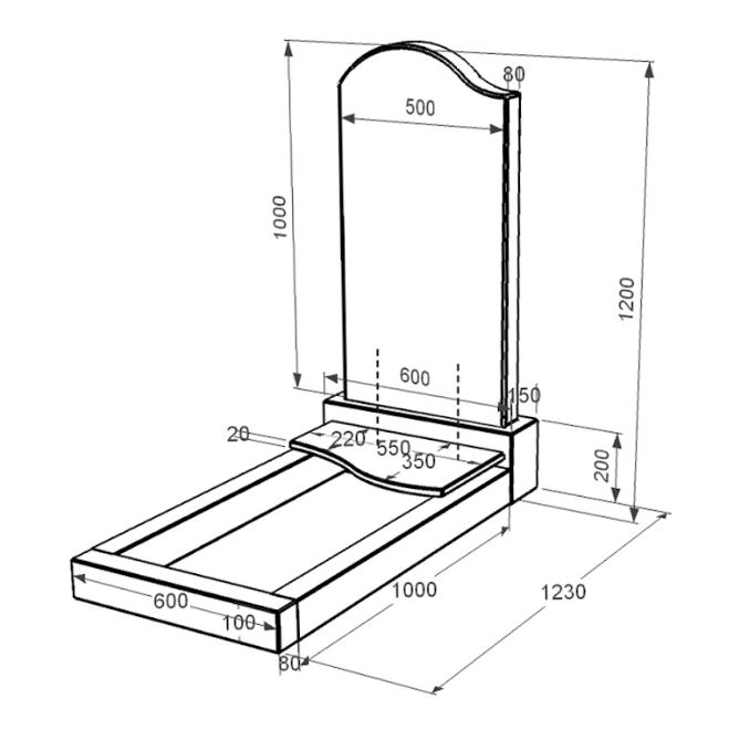 Розміри Гранітний пам'ятник фігурної форми одинарний із чорного граніту Коростишів з хвилею різьблений к5-kor-npf-100-50-08-011