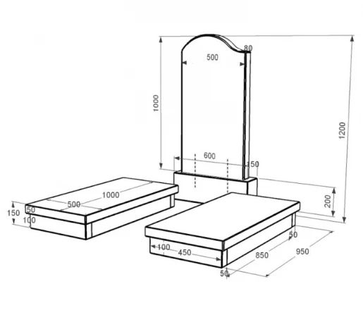 Размеры Гранитная плита на могилу полированные фаски двойная из черного гранита Коростышев с волной резная к19-kor-pf-100-50-08-011-l