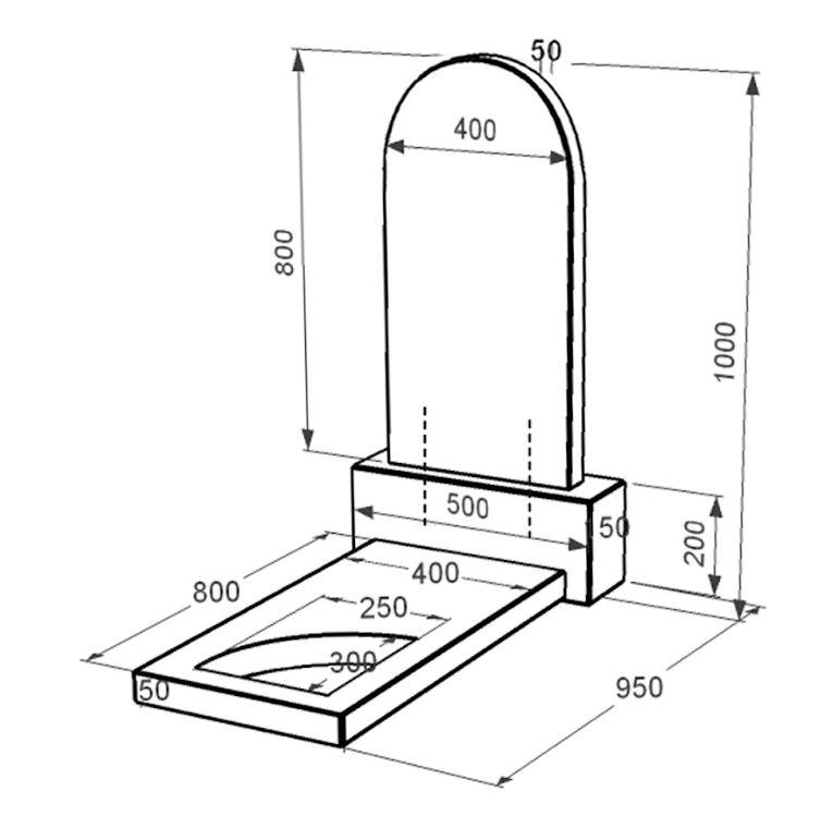 Розміри Гранітний пам'ятник напівкруглий одинарний із чорного граніту Коростишів з вирізаним куточком к9-kor-pf-80-40-05-006