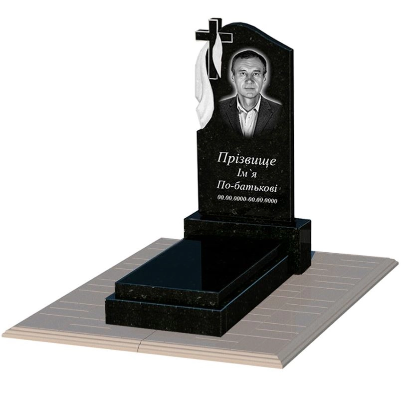 Основне Гранітний пам'ятник з хрестом різьблений одинарний із чорного граніту Коростишів з плащаницею різьблений к12-kor-pf-80-40-05-142-pbd1