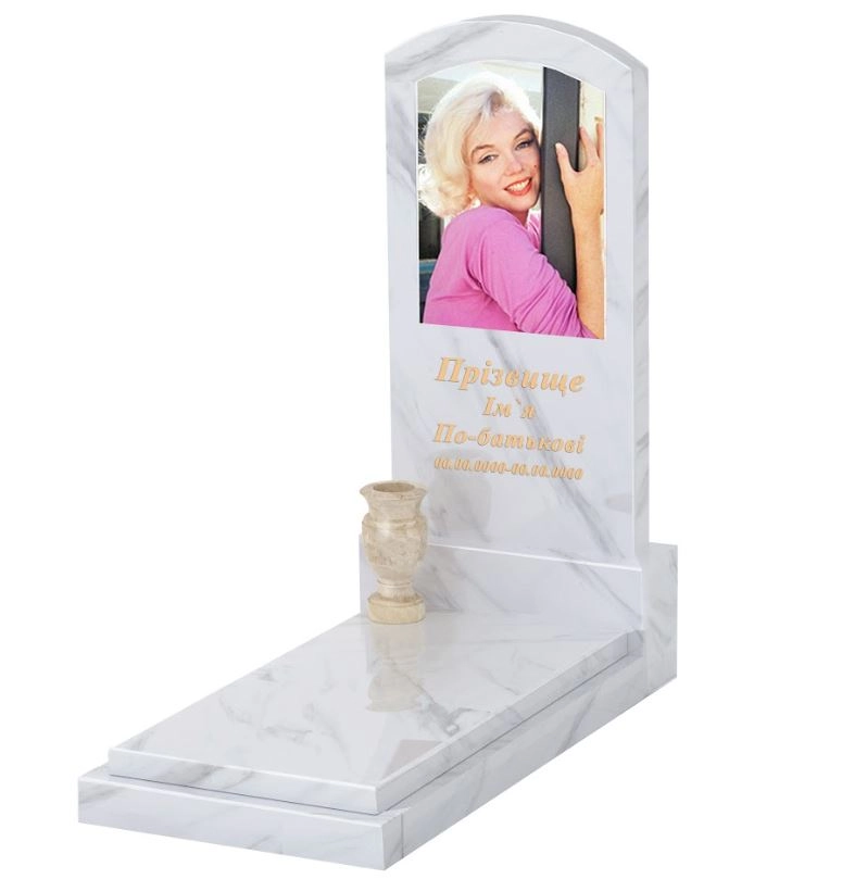 Основне Мармуровий пам'ятник широкий одинарний з білого мармуру Волокас з дугою різьблений к12-vol-pf-120-60-08-009