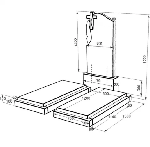 Розміри Пам'ятник із граніту з плащаницею та хрестом різьблений подвійний із чорного граніту Коростишів к21-kor-npf-120-60-08-142