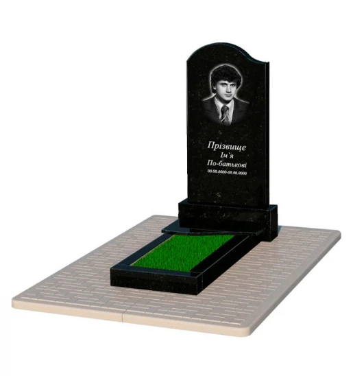 Гранітний надгробний камінь юнакам одинарний із чорного граніту Коростишів з хвилею різьблений к3-kor-pf-100-50-08-011-l-pbd2