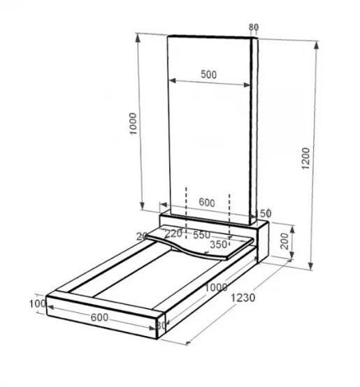 Размеры Надгробие из гранита с плитой на цветнике одинарное из черного гранита Коростышев с волной резное к5-kor-pf-100-50-08-001