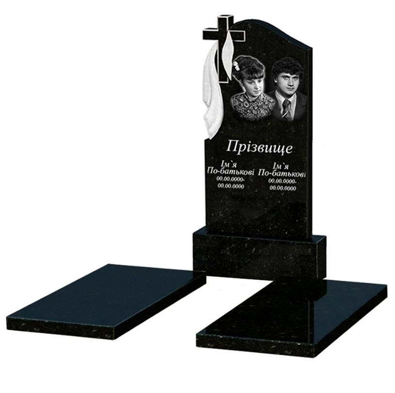 Основне Гранітний пам'ятник з хрестом різьблений подвійний із чорного граніту Коростишів з плащаницею різьблений к17-kor-pf-100-50-08-142