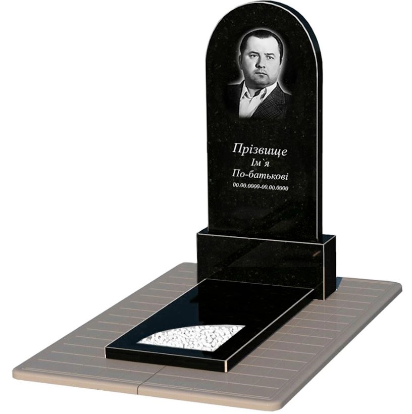 Основне Надгробний пам'ятник із граніту з вирізаним куточком одинарний із чорного граніту Коростишів к9-kor-npf-120-60-08-006-pbd3
