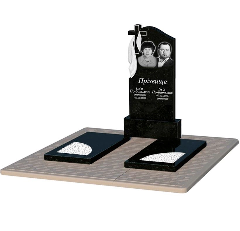 Основное Надгробный памятник из гранита с вырезанным уголком двойной из черного гранита Коростышев к18-kor-pf-100-50-08-142-pbd2