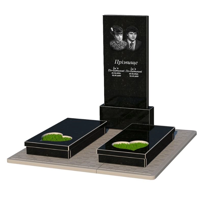 Основне Гранітний пам'ятник на кладовище подвійний із чорного граніту Коростишів з серцем різьблена робота к20-kor-npf-120-60-08-001-pbd3