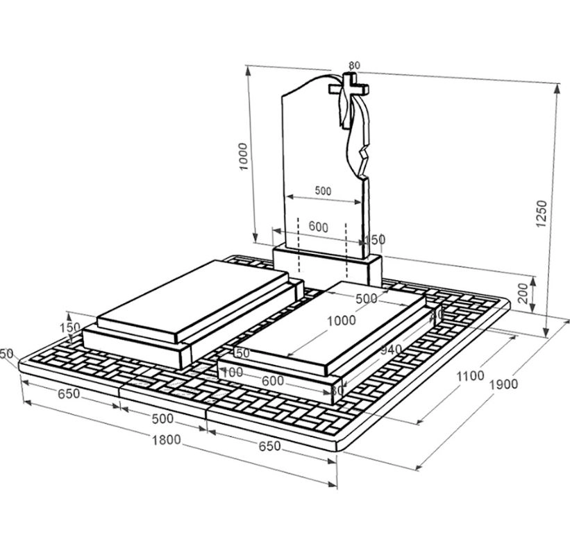 Розміри Надгробок із граніту з плащаницею різьблений подвійний із чорного граніту Коростишів к21-kor-pf-100-50-08-142-r-pbd2