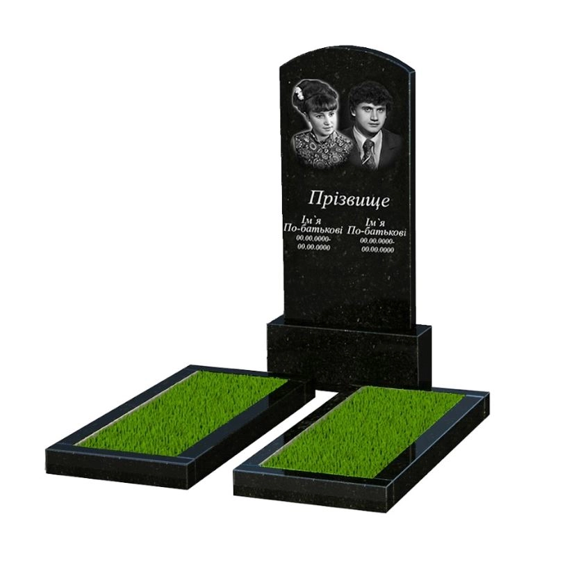 Основне Гранітний надгробний пам'ятник висотою 150 см подвійний із чорного граніту Коростишів з дугою різьблений к14-kor-pf-120-60-08-009