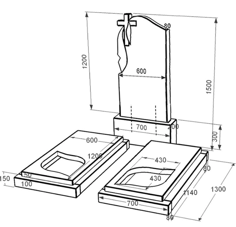 Розміри Гранітний пам'ятник стела 120х60 см подвійний із чорного граніту Коростишів з листом різьблена робота к22-kor-pf-120-60-08-142