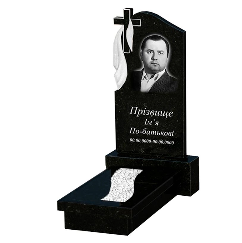 Основное Одинарный гранитный памятник из черного гранита Коростышев с крестом резной с плащаницей резной с вырезанной полосой к23-kor-pf-80-40-08-142