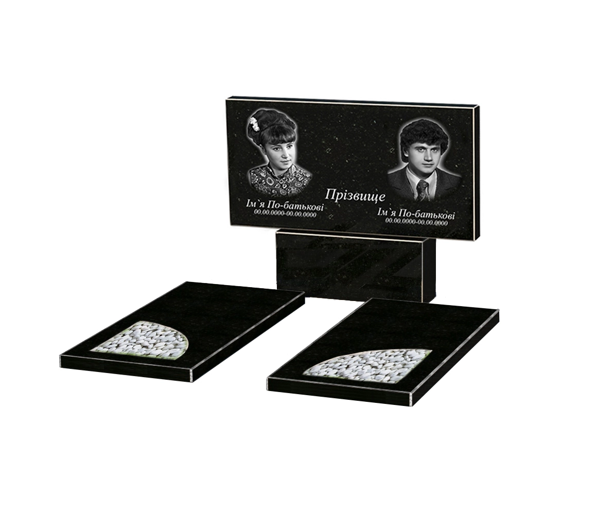 Основное Гранитный камень на могилу габбро двойной из черного гранита Коростышев с вырезанным уголком к18-kor-npf-50-100-08-001