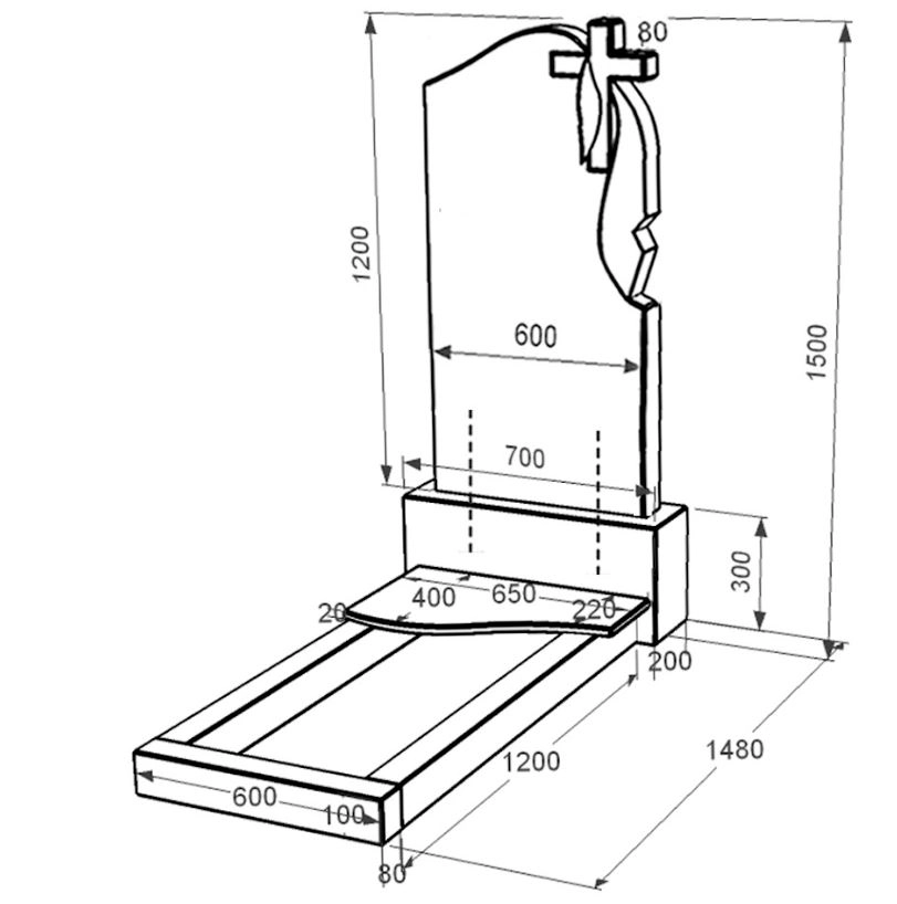 Розміри Пам'ятник із граніту висотою 150 см одинарний із чорного граніту Коростишів з хвилею різьблений к3-kor-npf-120-60-08-142-r