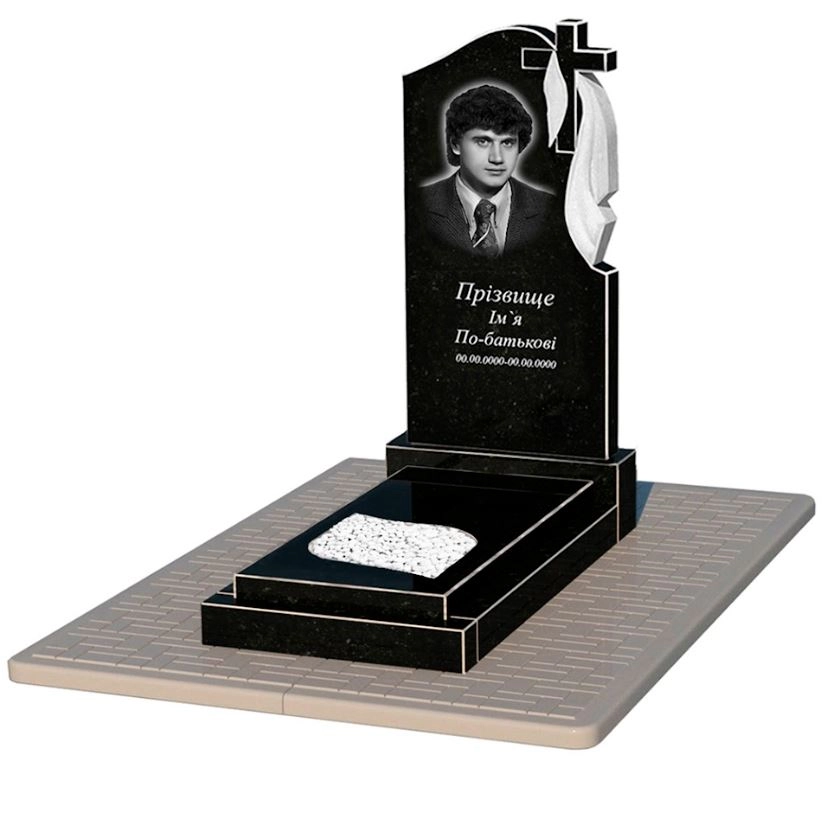 Основне Гранітний пам'ятник чоловічий одинарний із чорного граніту Коростишів з листом різьблена робота к13-kor-npf-100-50-08-142-r-pbd2