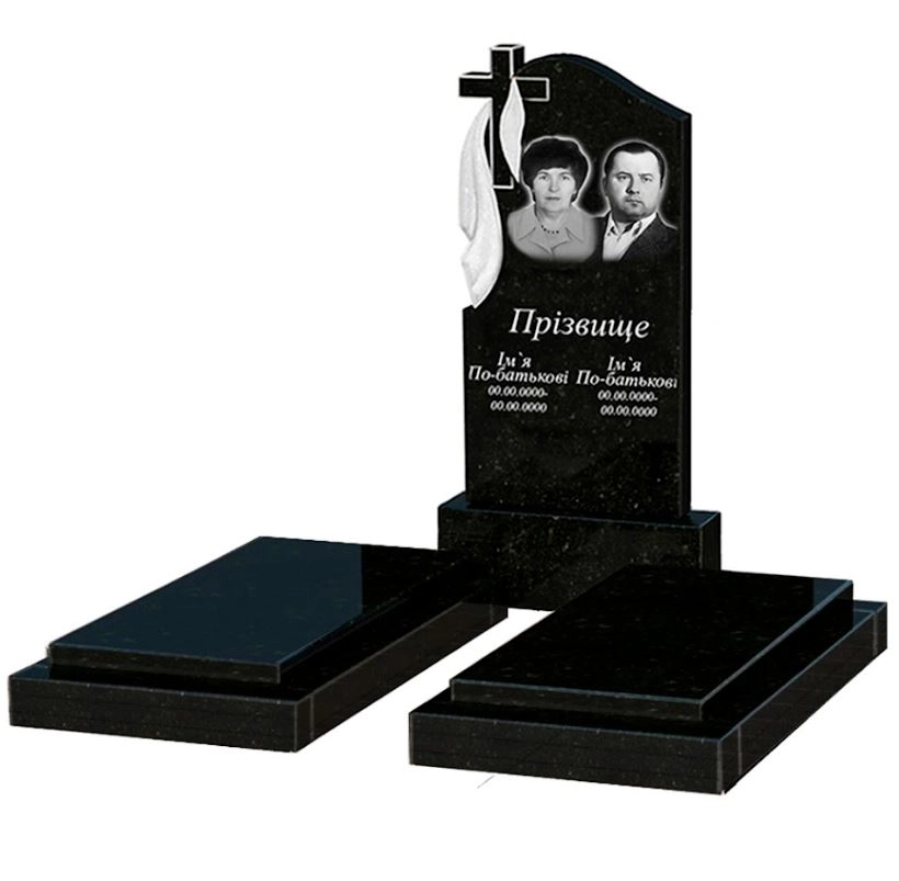 Основне Гранітний пам'ятник з хрестом різьблений подвійний із чорного граніту Коростишів з плащаницею різьблений к21-kor-pf-100-50-08-142