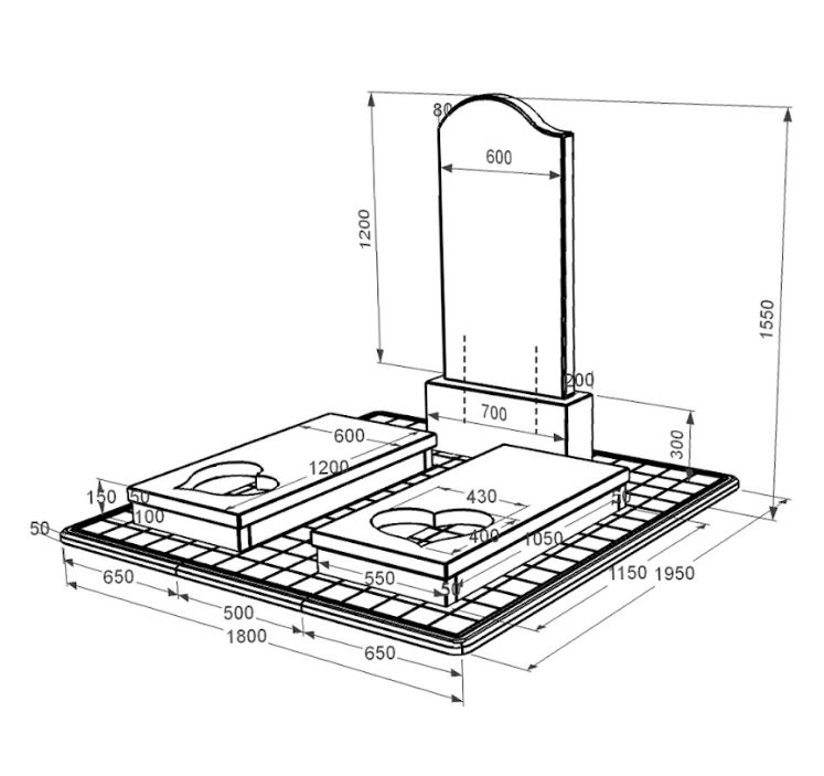 Розміри Гранітний пам'ятник для могили подвійний із чорного граніту Коростишів з серцем різьблена робота к20-kor-npf-120-60-08-011-l-pbd3