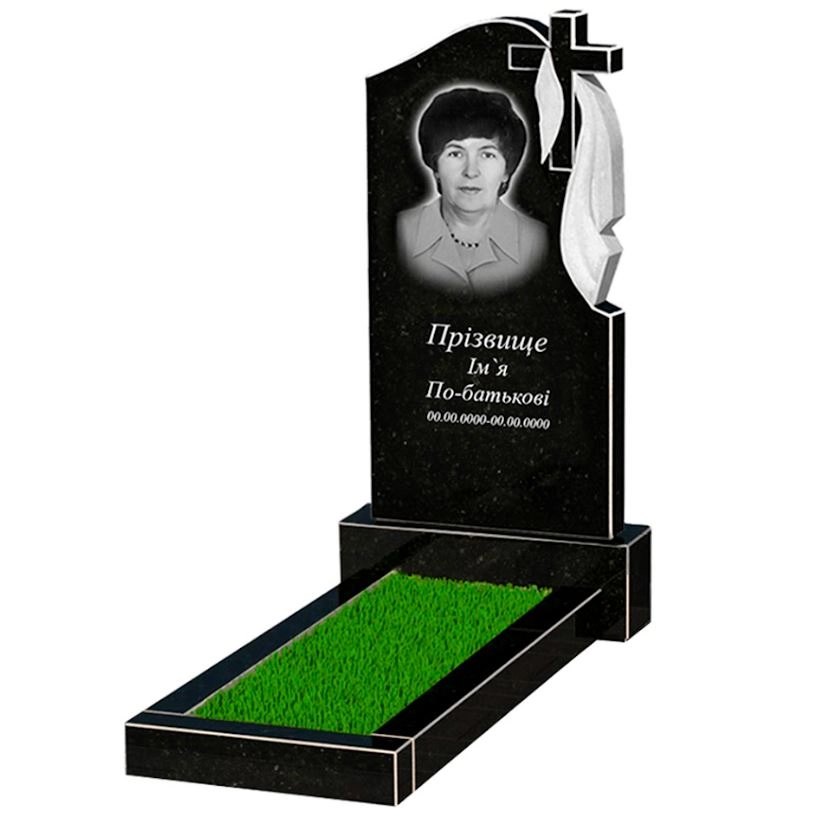Основне Пам'ятник із граніту стела 100х50 см одинарний із чорного граніту Коростишів з хрестом та плащаницею різьблений к1-kor-npf-100-50-08-142-r