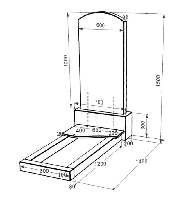Размеры Гранитный памятник с цветником одинарный из черного гранита Коростышев с волной резной к3-kor-pf-120-60-08-009