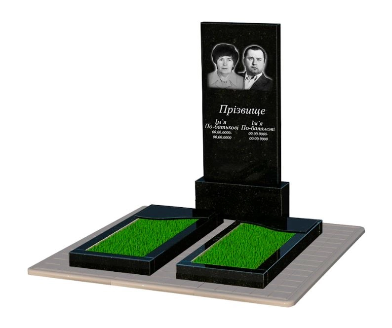 Основне Пам'ятник із граніту з бетонною плитою подвійний із чорного граніту Коростишів з хвилею різьблений к16-kor-pf-120-60-08-001-pbd3